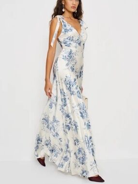 Reformation Pernille Blue White Floral Lupine Silk Maxi Dress Tie w/ Tags MEDIUM